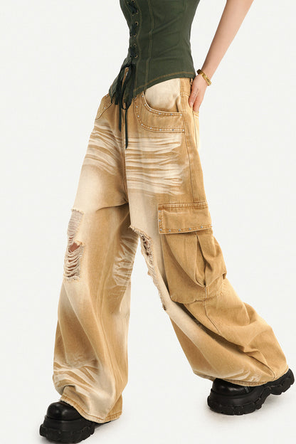 High-Waisted Ripped Workwear Jeans