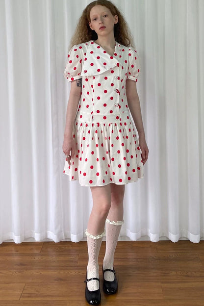 Red Retro Polka Dot Bubble Sleeve Dress