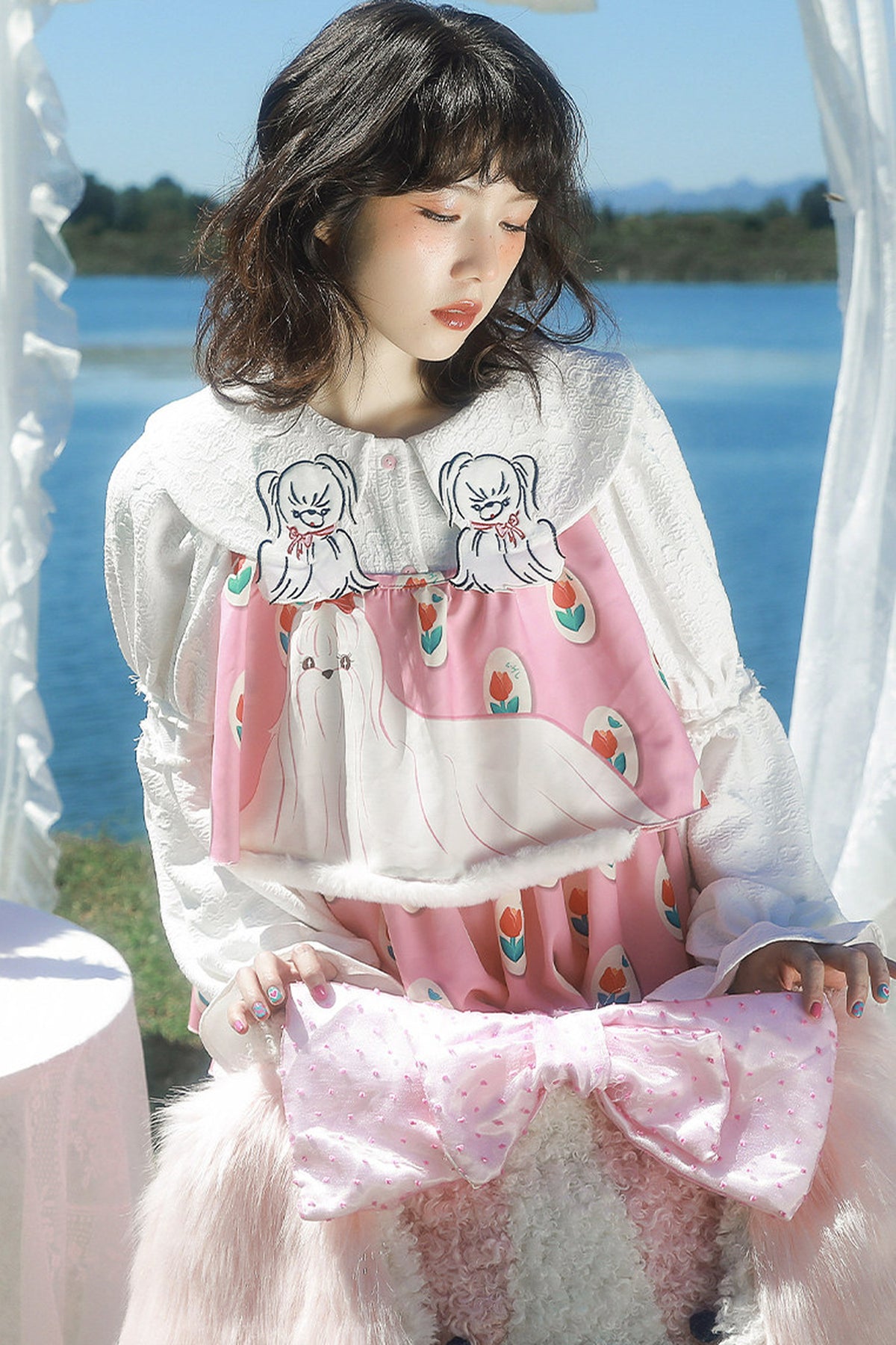 Dog Embroidered Plaid Puff Sleeve Shirt