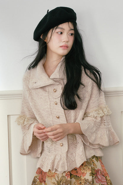 Oatmeal Ruffled Knit Cape Sweater