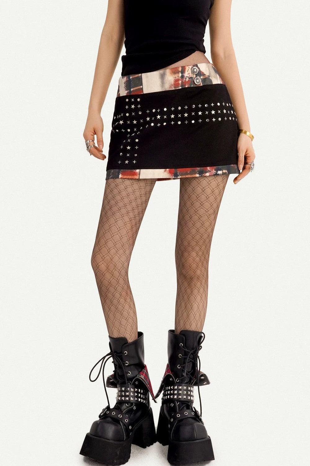 Black Patchwork Studded Bodycon Skirt