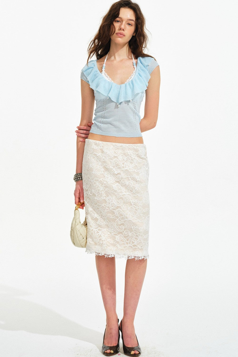 Retro Ruffle V-Neck Linen Knit Top set-Up