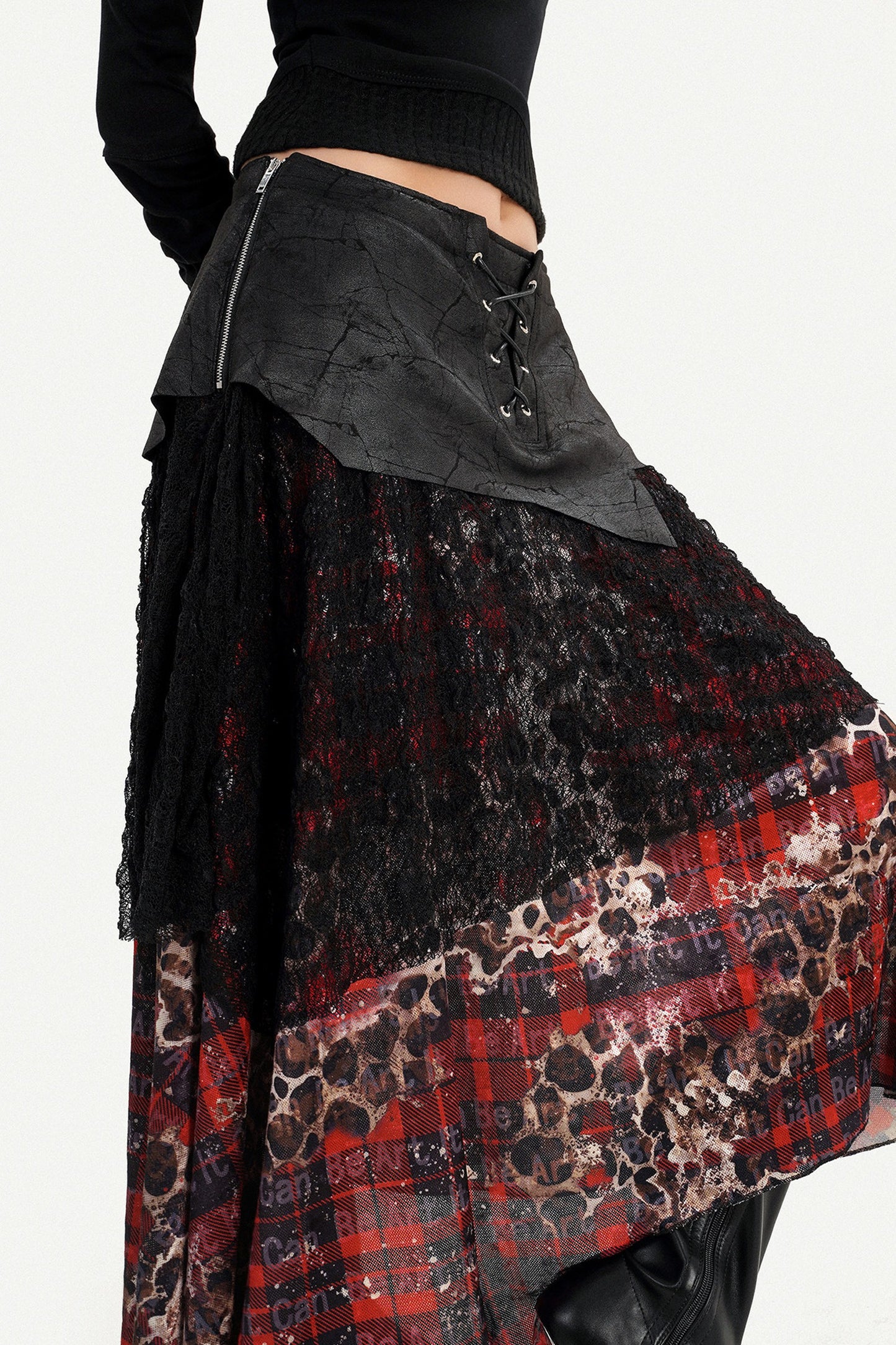 Dark Red Plaid Mesh Skirt and Top Set