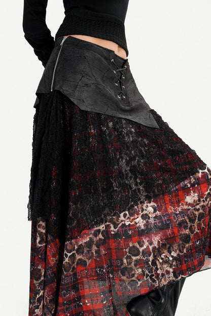 Dark Red Plaid Mesh Skirt and Top Set