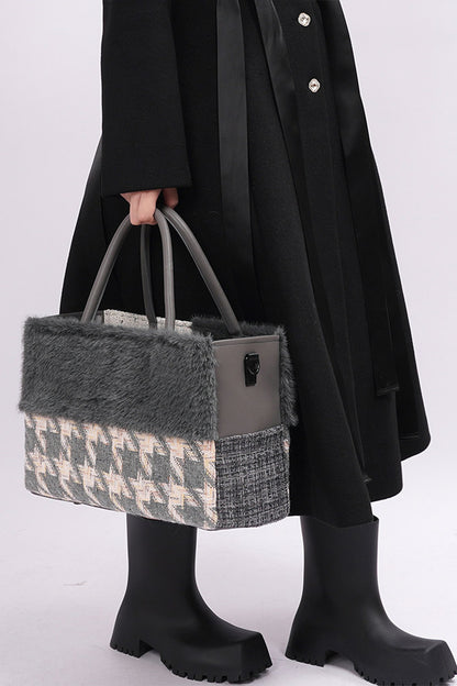 Furry Color-Block Tote Bag