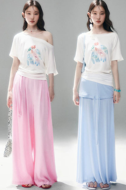 Mint Bird Print Off-Shoulder Ruched Top