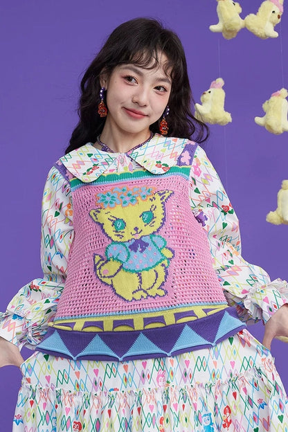 Gilet en maille ajourée à motif chaton rose