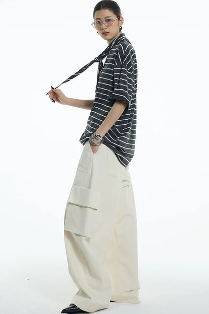 Oversize Gray White Striped Mid-Sleeve Tee