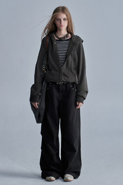 Acid-Washed Reversible Hooded Terry Jacket
