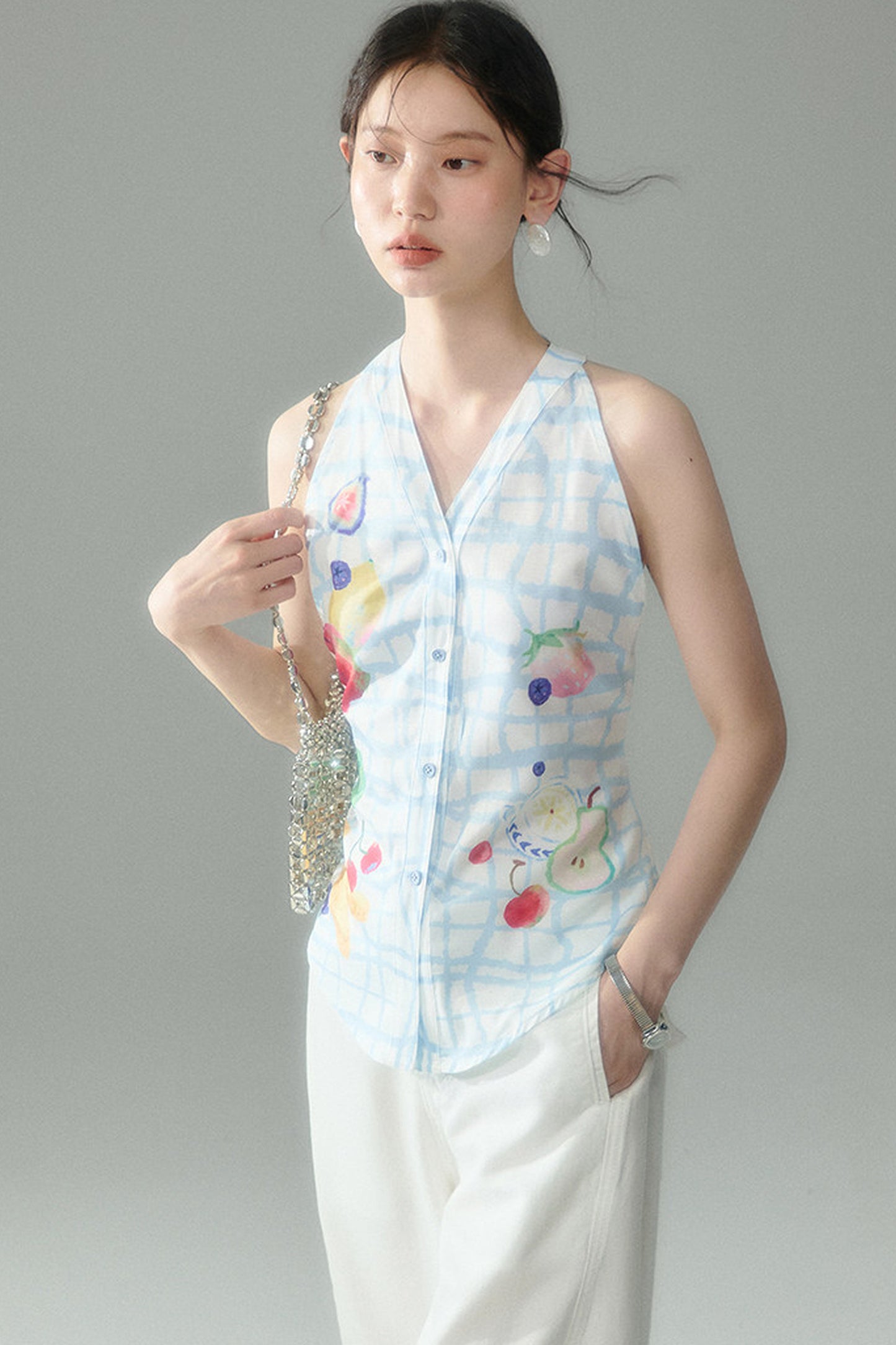 Fruit Print Halter Top and Skirt Set-Up