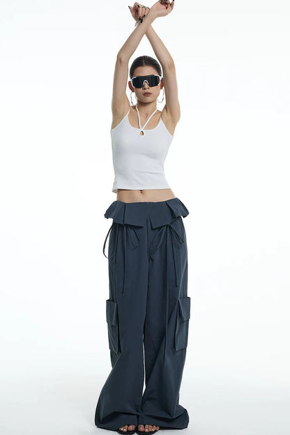 Ruffled Glacier Blue Wide-Leg Pants