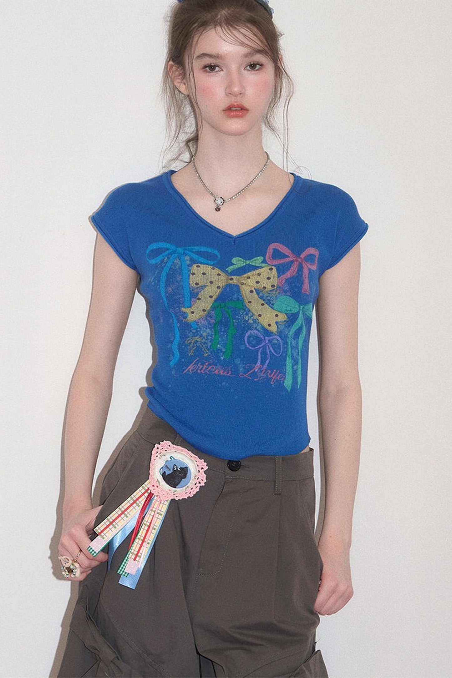 Bow Print V-Neck Short Sleeve T-Shirt