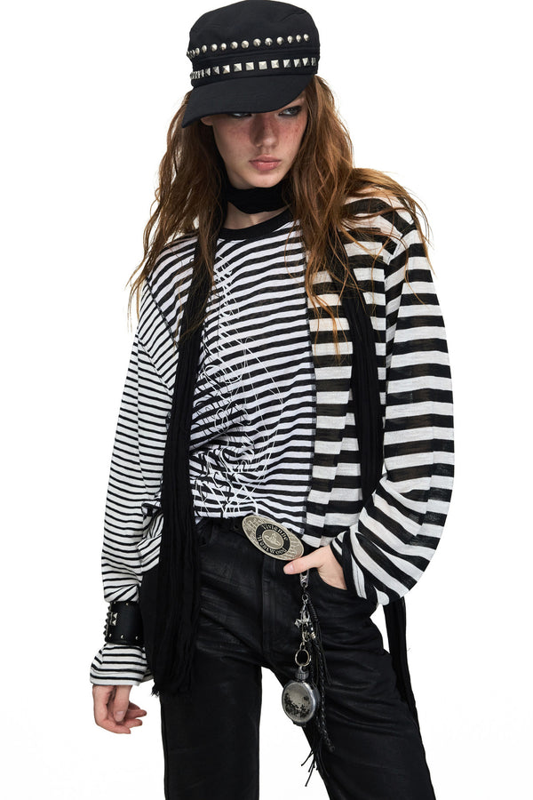 Loose Vintage Striped Long-Sleeve Tencel T-shirt