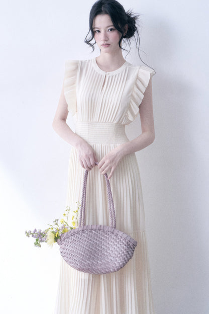 Beige Pleated Ruched Waist Dress
