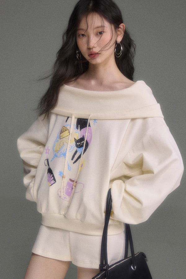 Cat Print Hooded Off-Shoulder Sweatshirt Shorts Set-Up