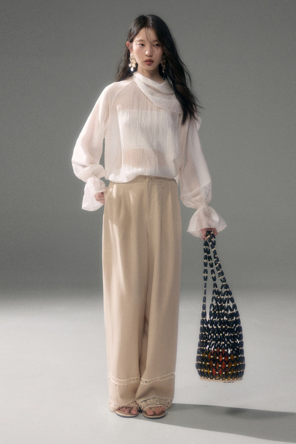 Moonlight Shawl Collar Bell Sleeve Shirt Tie-Up Skirt Set-Up