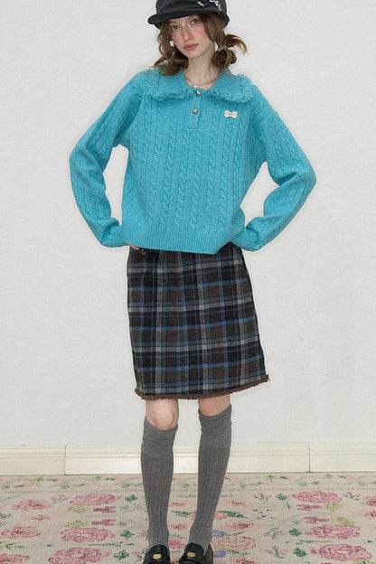 Blue Green Velvet Floral Twist Texture Tassel Sweater