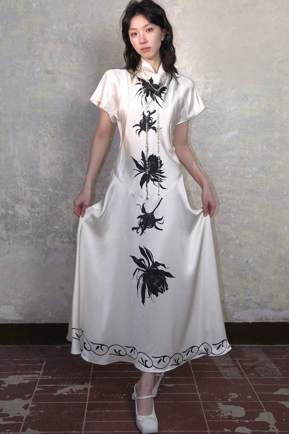Satin Epiphyllum Print Qipao Dress