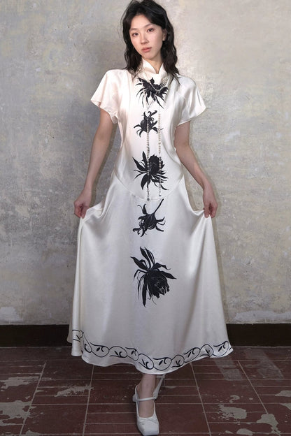 Satin Epiphyllum Print Qipao Dress