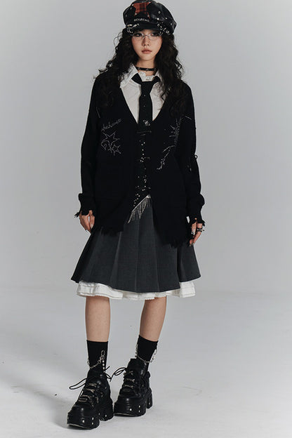 Irregular Ripped Pin V-Neck Knitted Cardigan