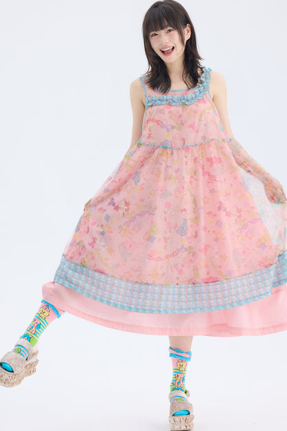 Robe en résille à bretelle asymétrique avec imprimé lapin rose
