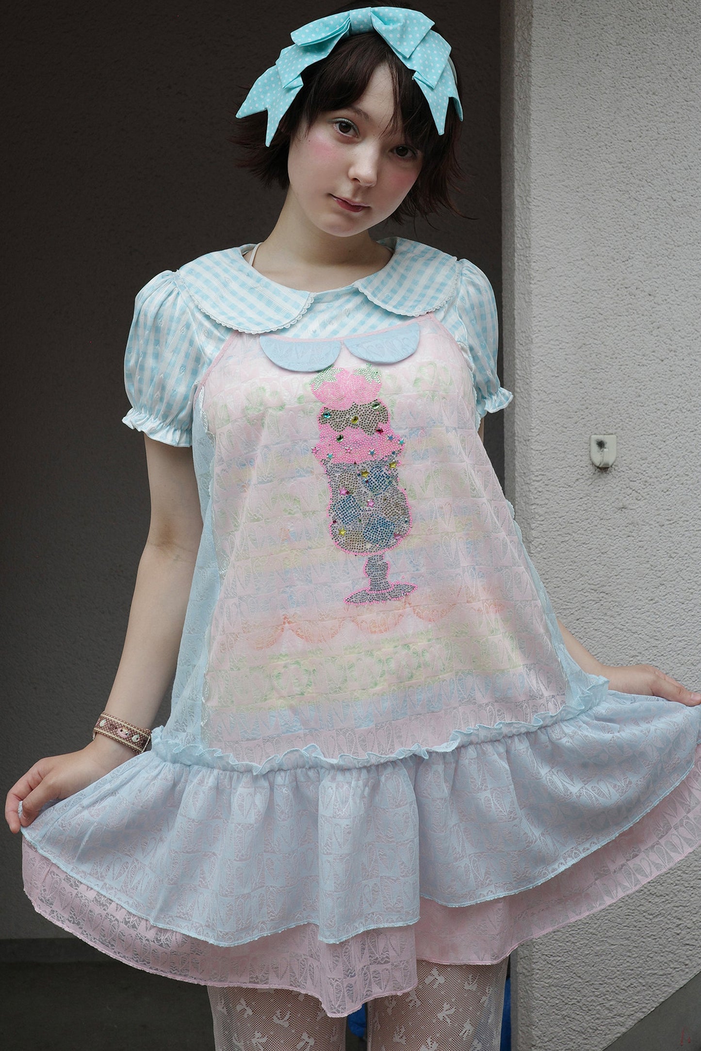 Pink Blue Patchwork Rhinestone Mesh Cami Dress
