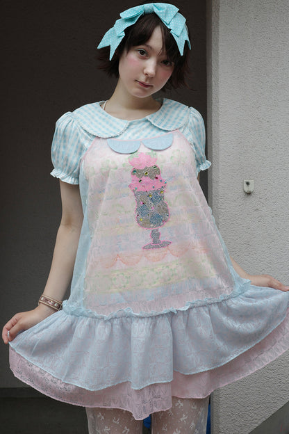 Pink Blue Patchwork Rhinestone Mesh Cami Dress