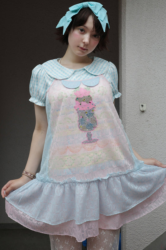 Pink Blue Patchwork Rhinestone Mesh Cami Dress