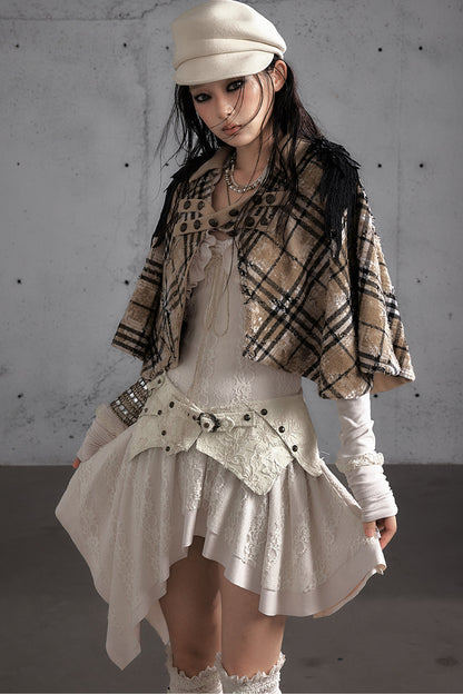 Reversible Wool Blend Plaid Cape