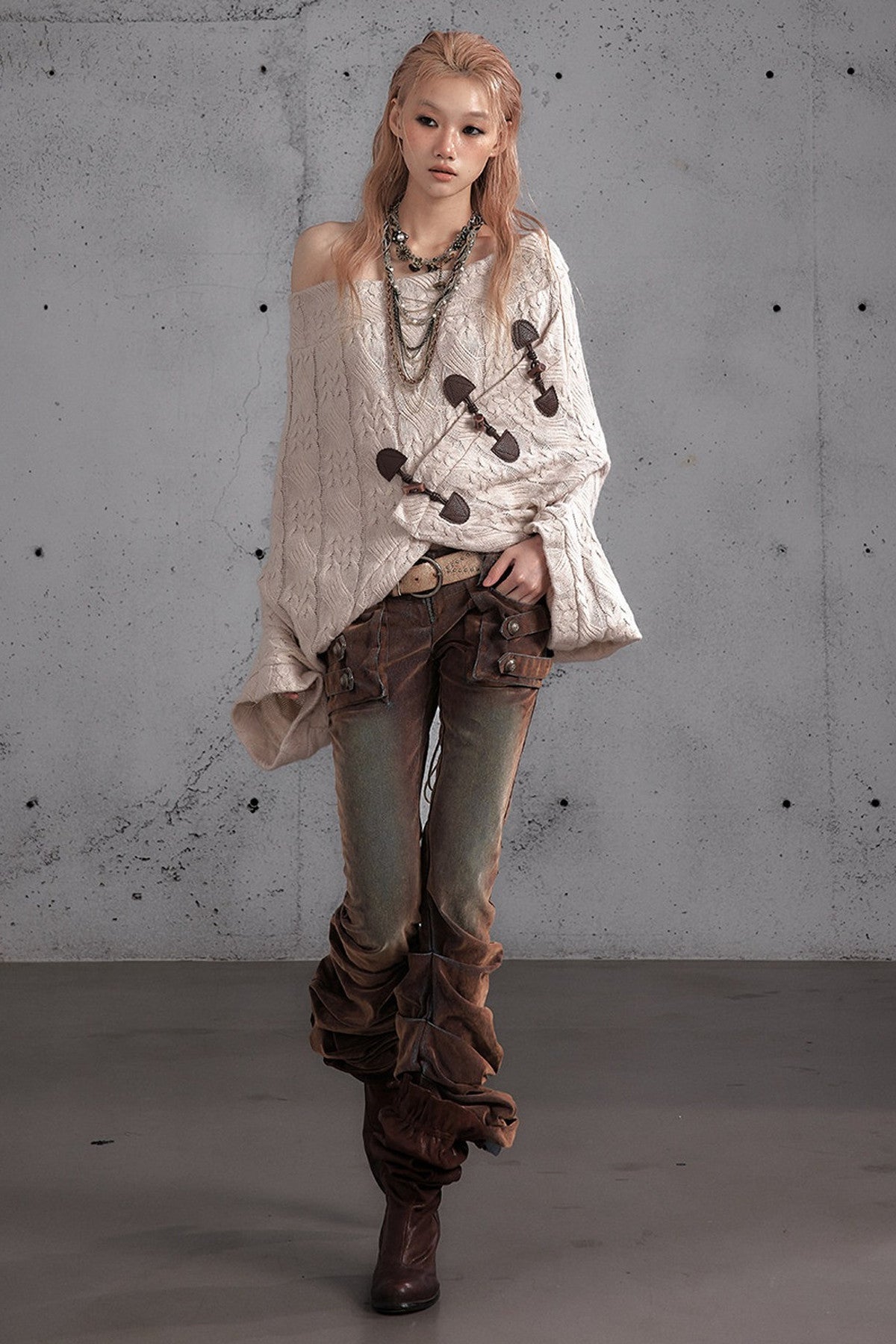 Punk Flocked Ruched Low-Waist Curved Leg Jeans