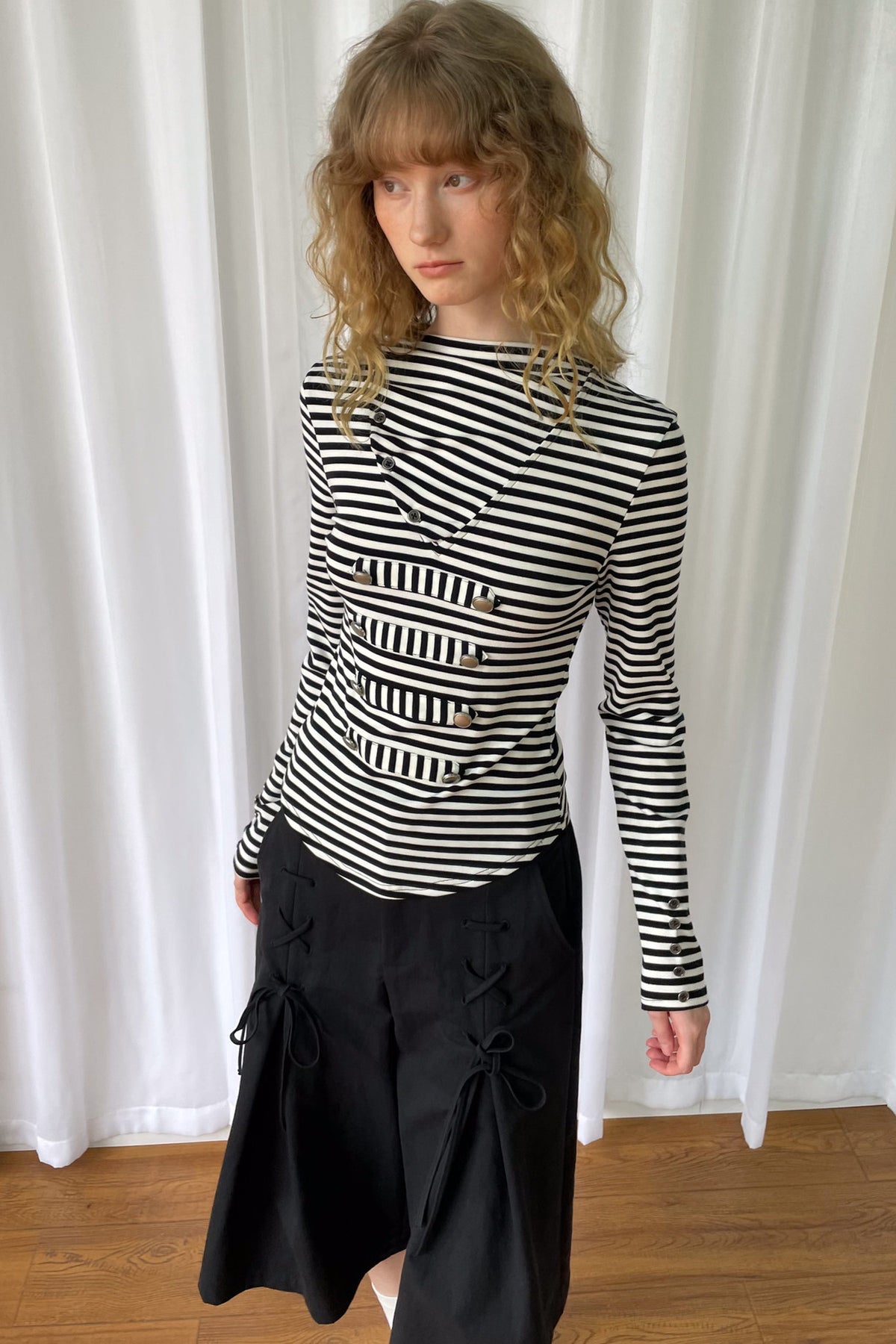 Metal Buckle Striped Knit Hood Top
