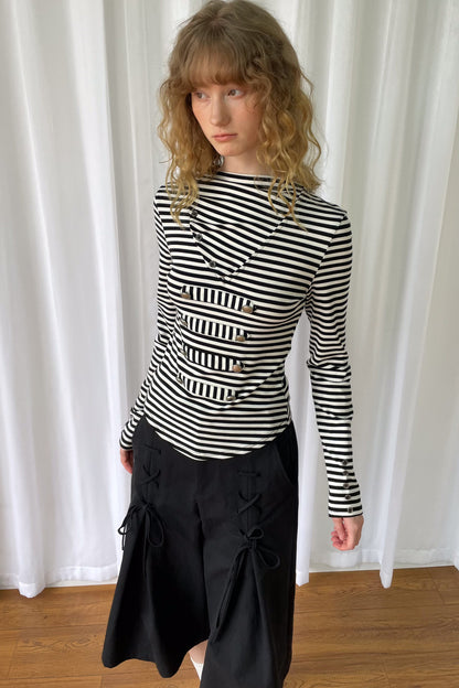 Metal Buckle Striped Knit Hood Top