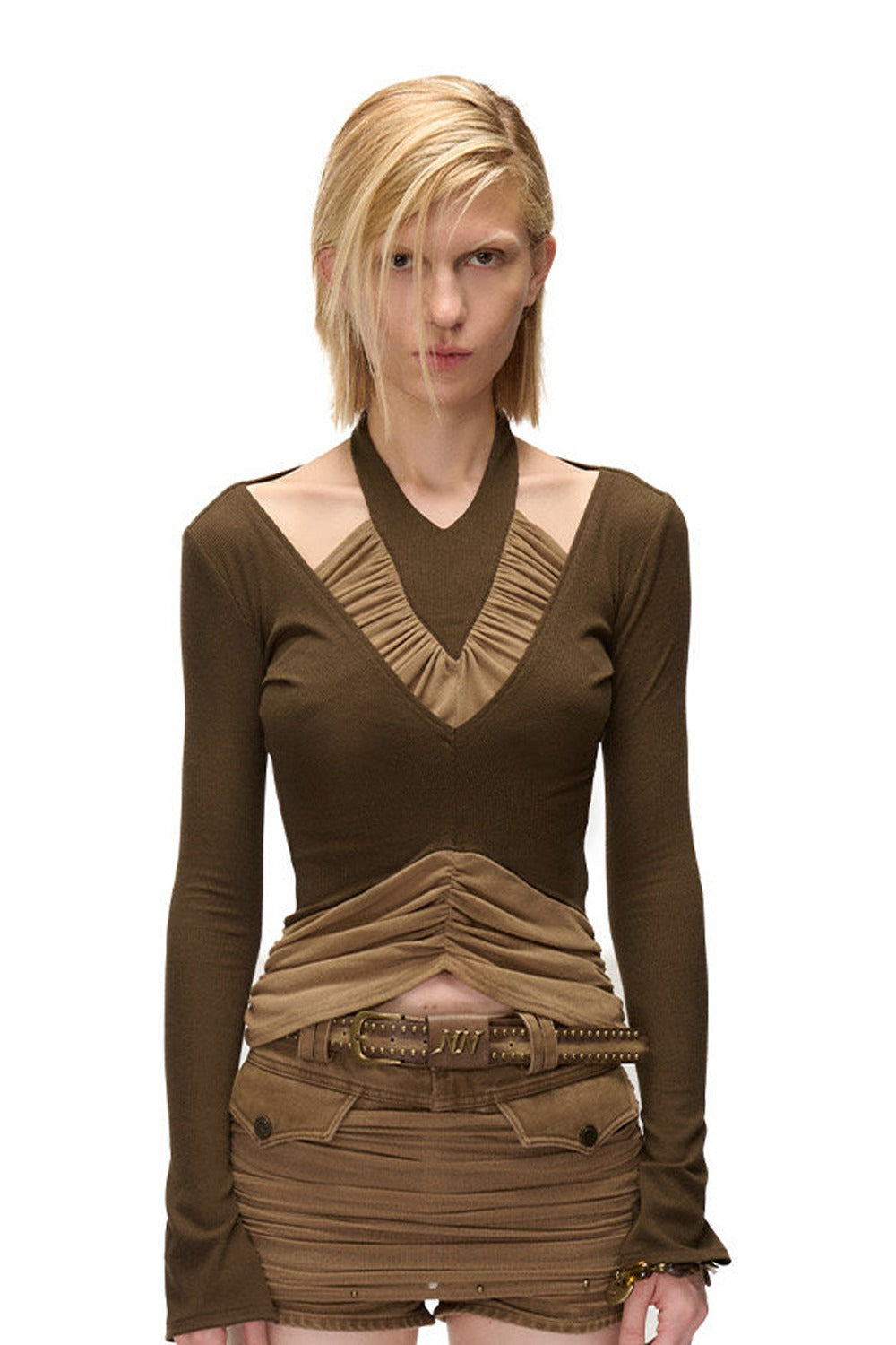 Bougainvillea Pleated Halter Neck Patchwork Irregular T-shirt