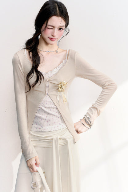 Pink Purple Floral Camisole Top Cardigan Set