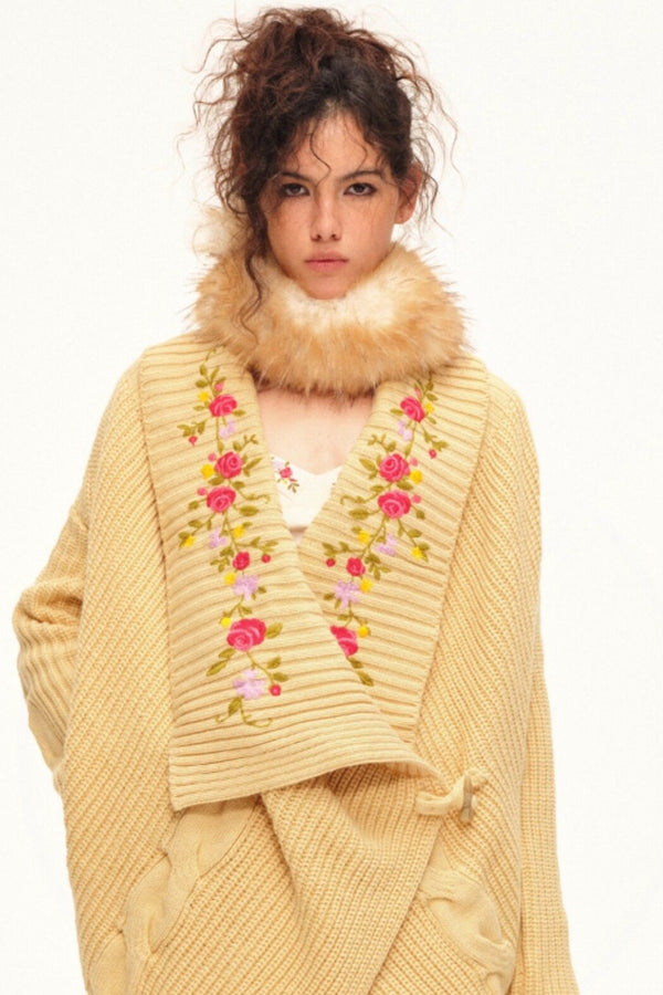 Floral Embroidered Toggle Button Knit Jacket
