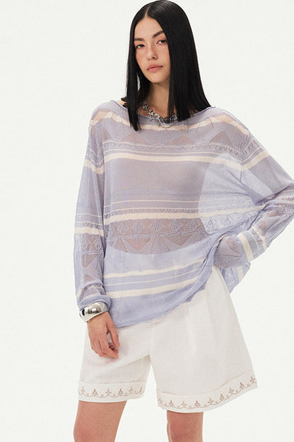 Pink Knit Hollow-Out Crochet-Style Pullover Top