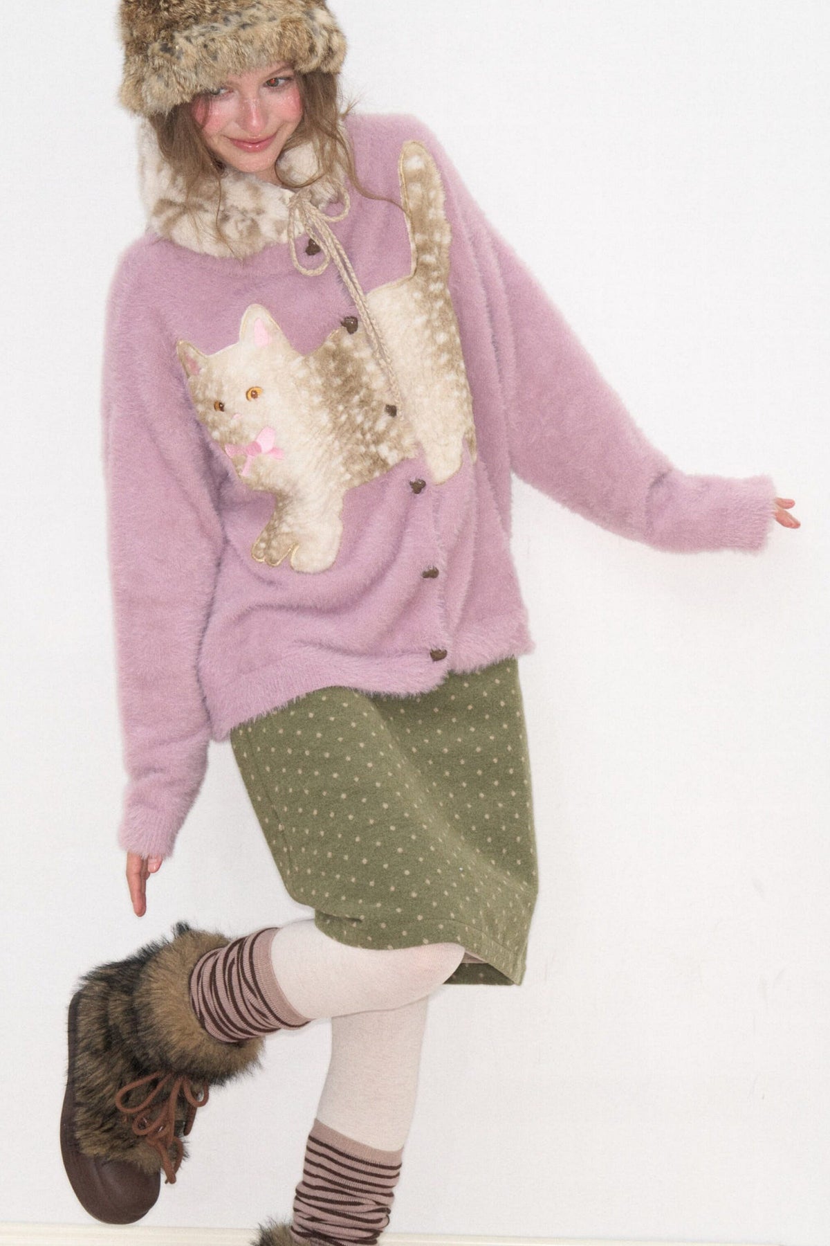 Purple Cat Patch Embroidery Cardigan
