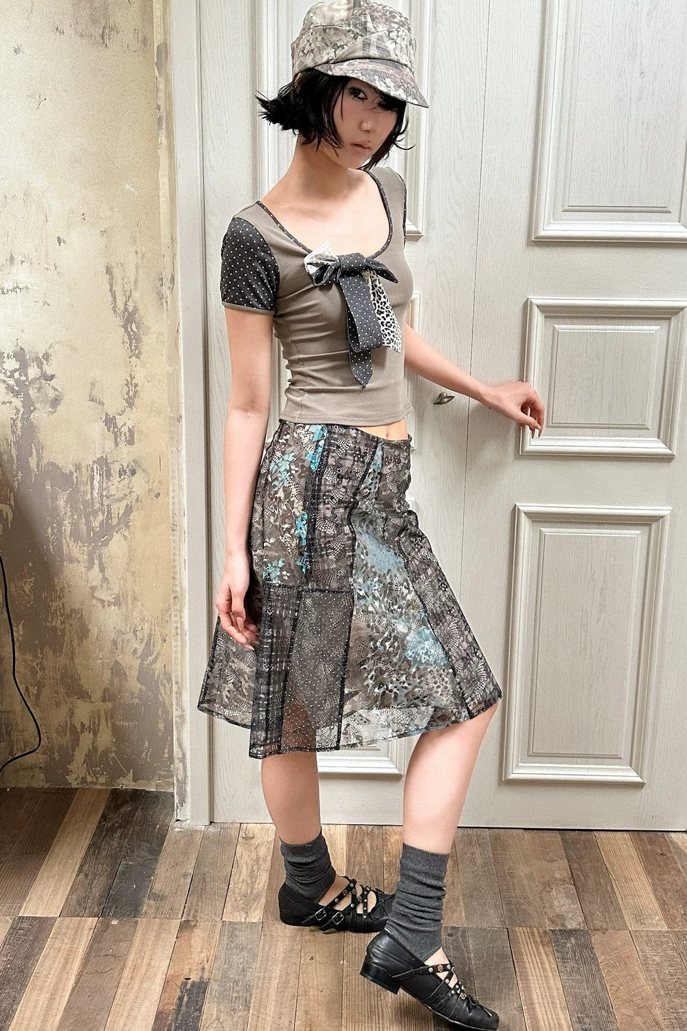 Asymmetrical Plaid Leopard Floral Midi Skirt