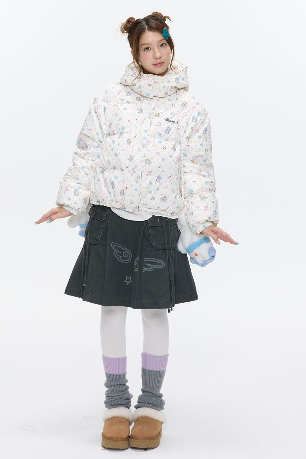 Beige Full Print Hooded Down Jacket