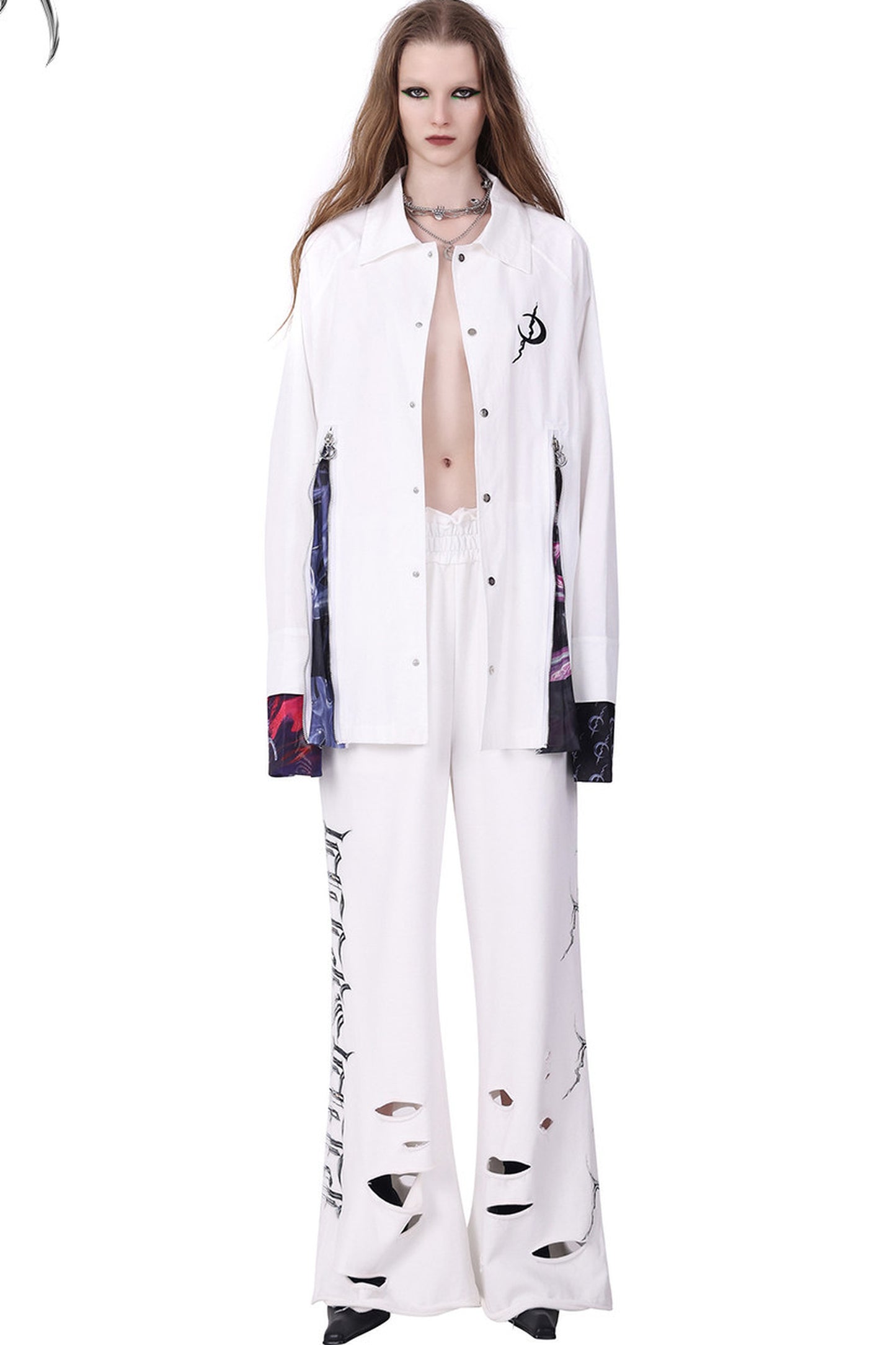White Patchwork Zipper Slit Windbreaker