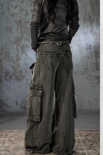 Vintage Washed Wide-Leg Large Patch Pockets Jeans