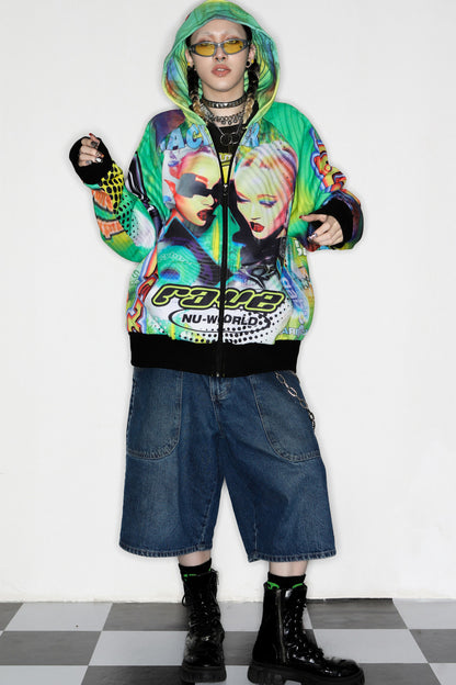 Y2K Alien Rave Print Hooded Jacket