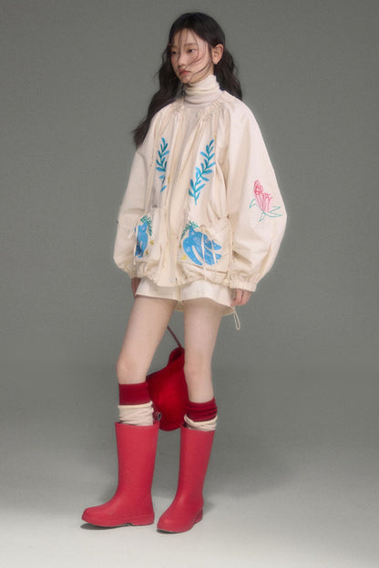 Loose Birds Olive Floral Embroidered Drawstring Jacket
