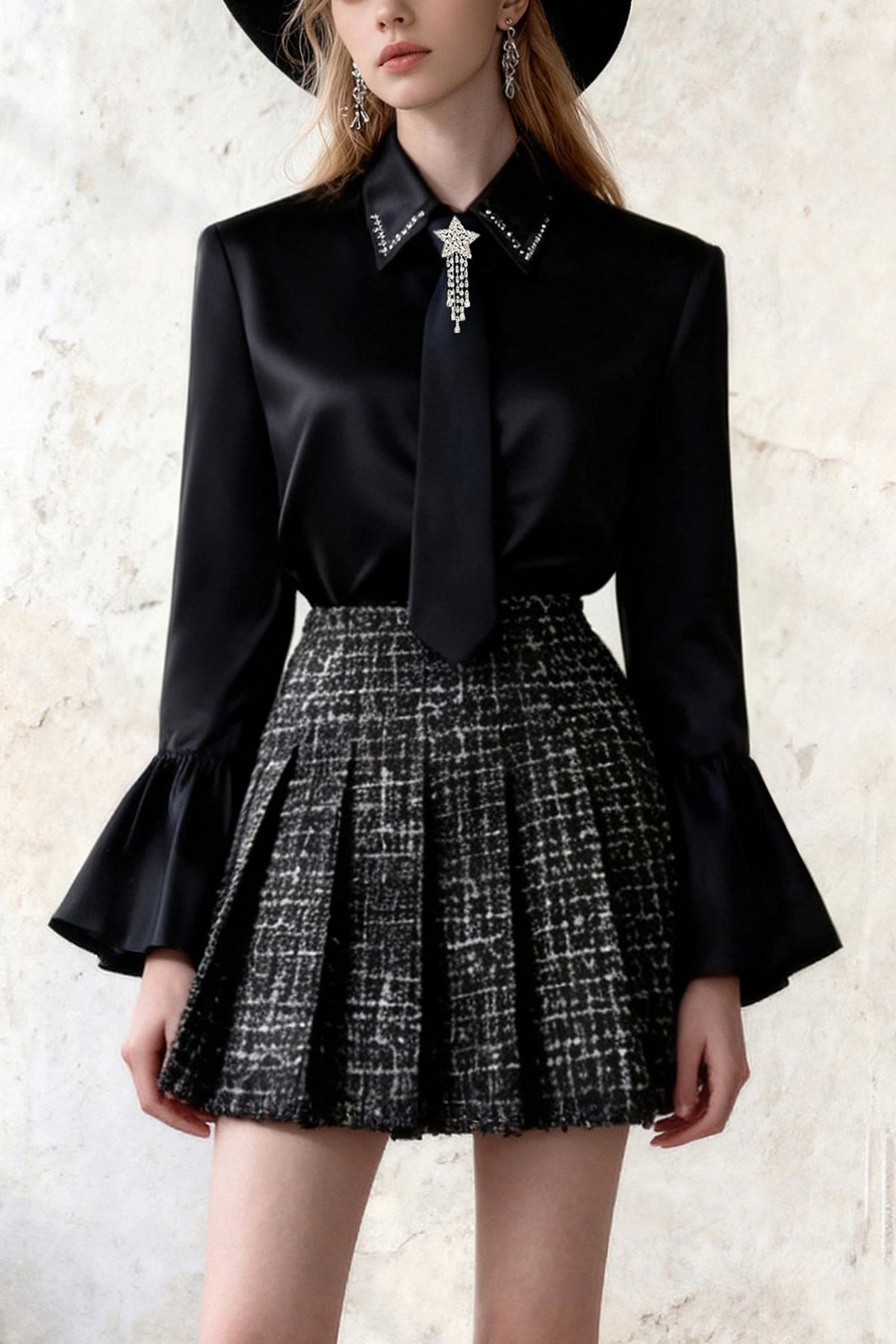 Ruffled Shirt Pleated Skirt Set-Up