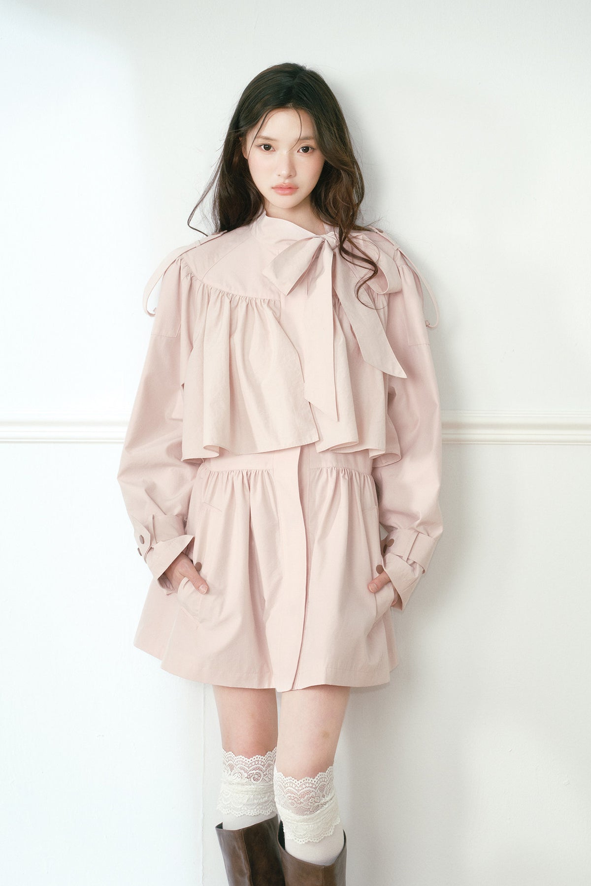 Smoky Pink Cape-Style Bow Trench Coat