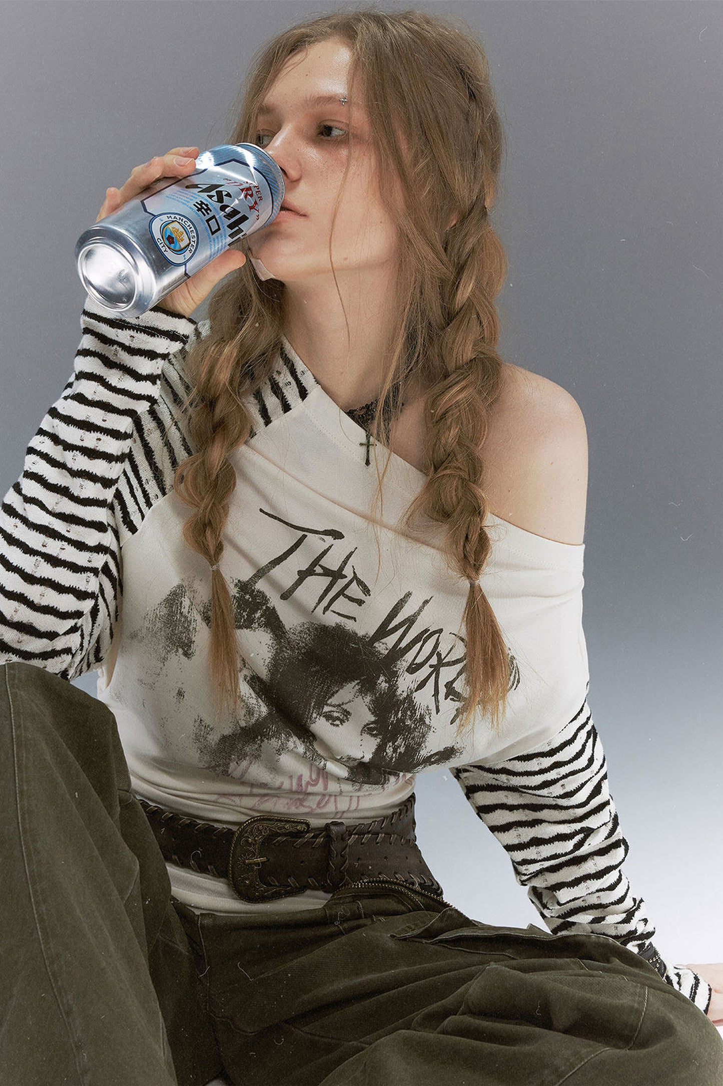 Punk Band Print Patchwork Striped Top