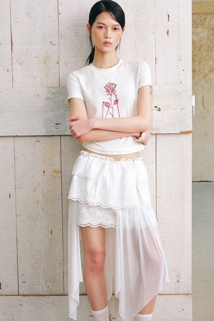 Rose Embroidery Slim Fit Short Sleeve T-Shirt