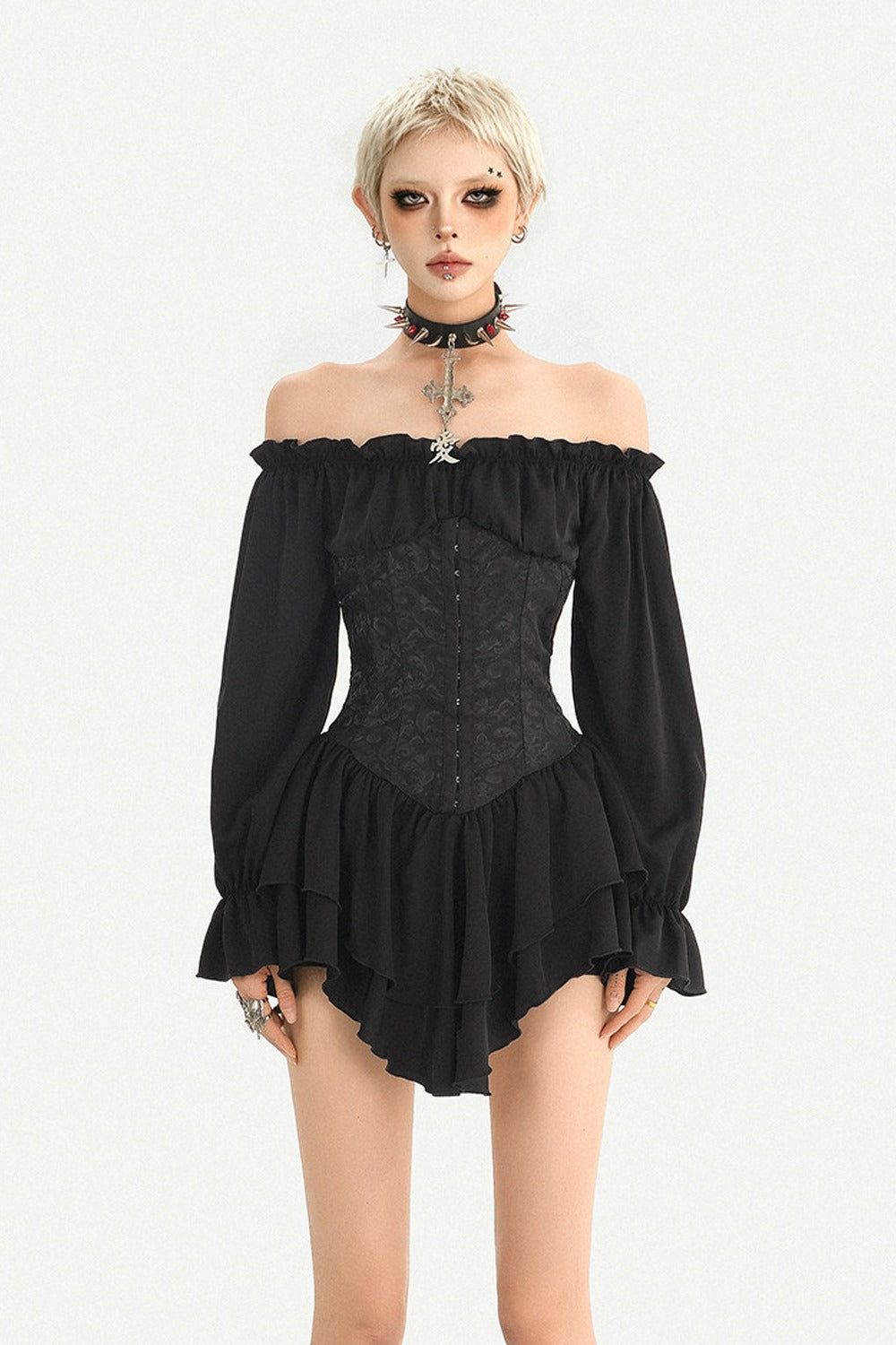 Lantern Sleeve Gothic One-Shoulder Ruffle Dress