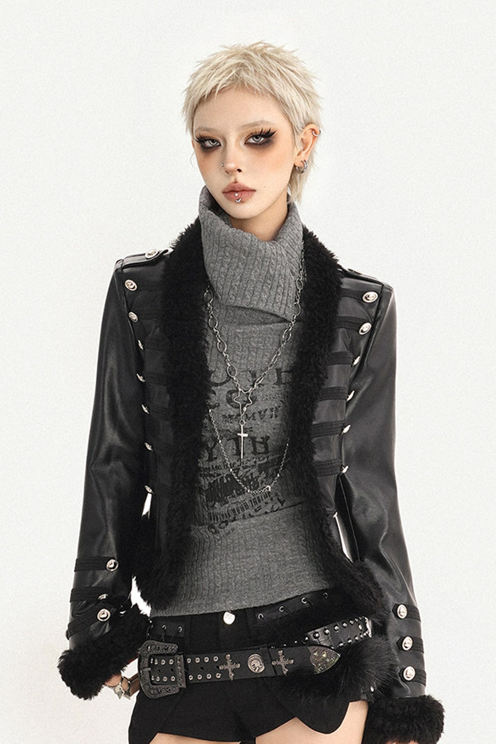 Black Leather Buttoned Fur Collar Jacket