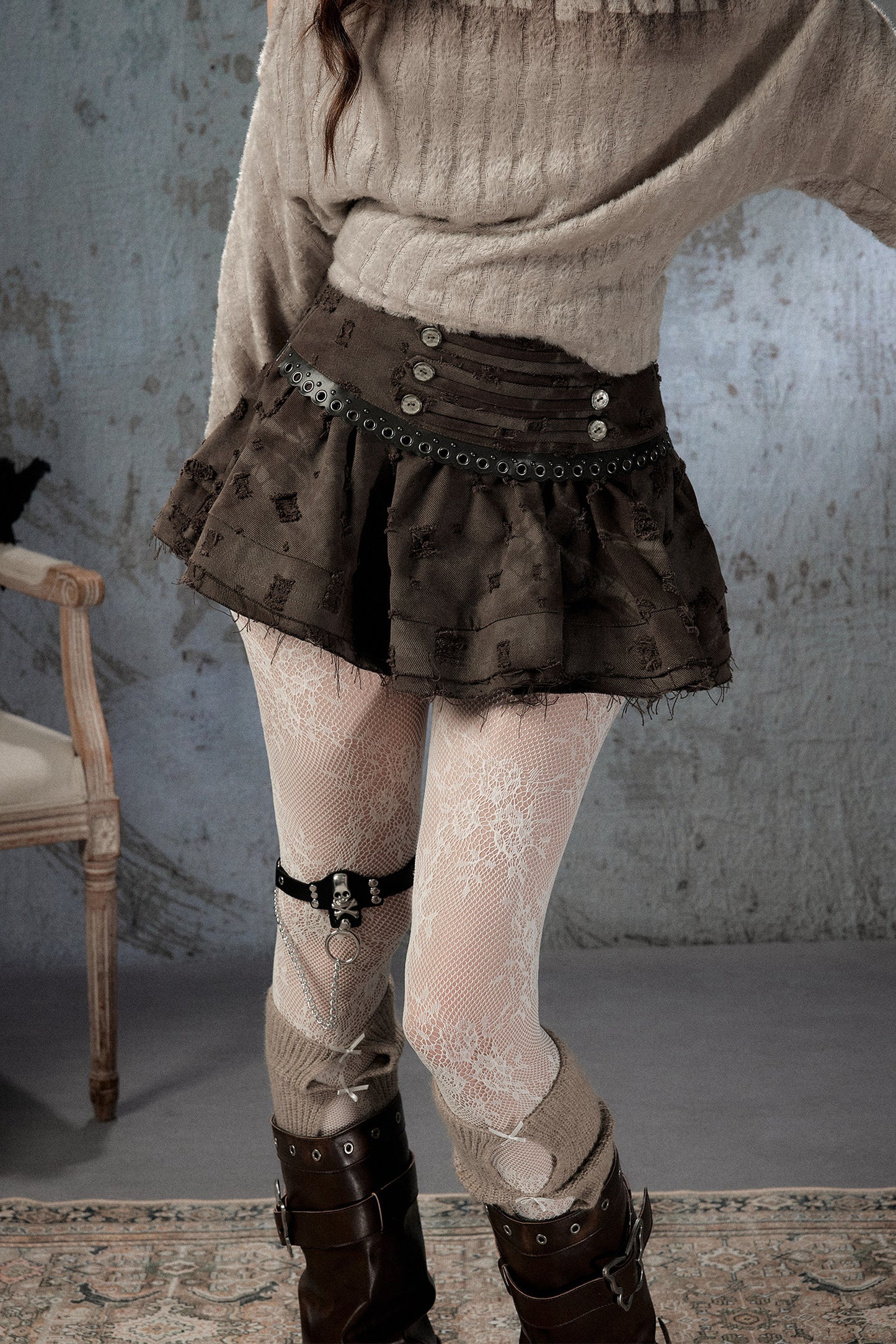 Vintage Distressed High-Waisted Skirt